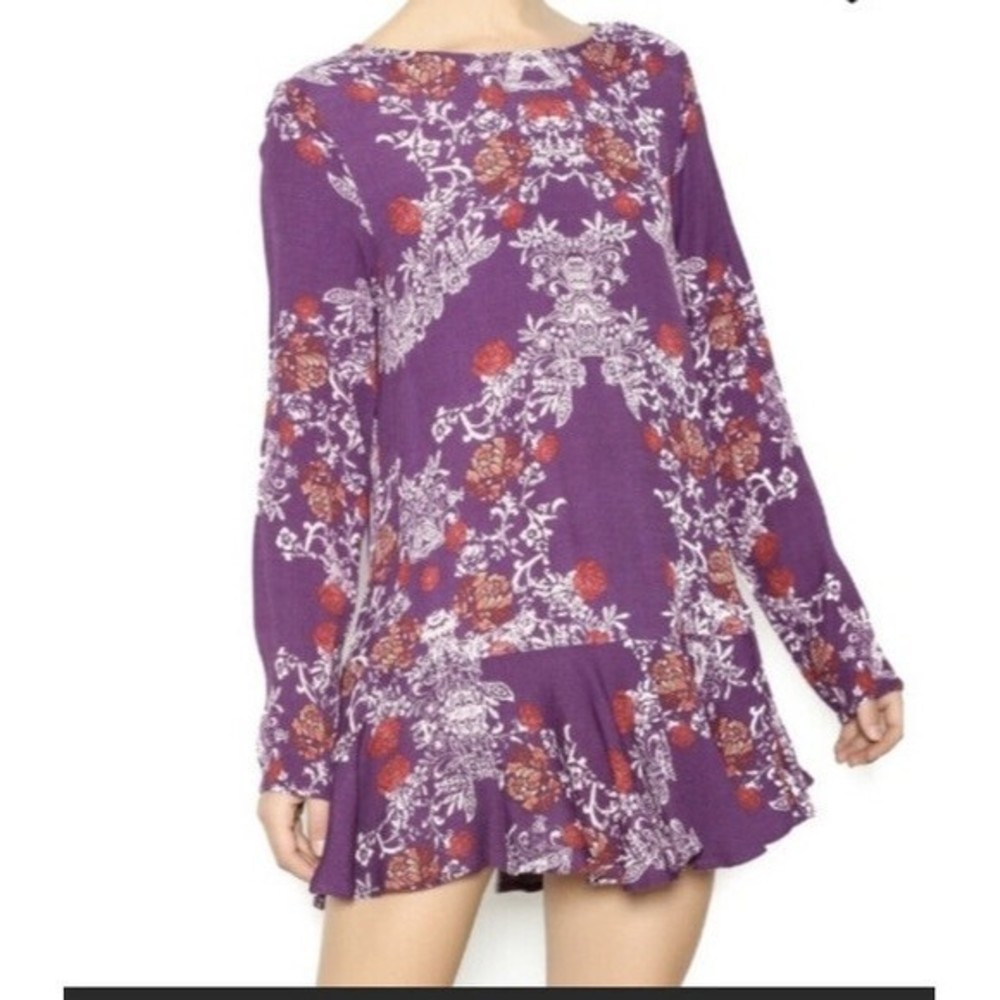 Free People Small Purple Floral Open Back Ruffle Tunic Dress Womens Long Sleeve